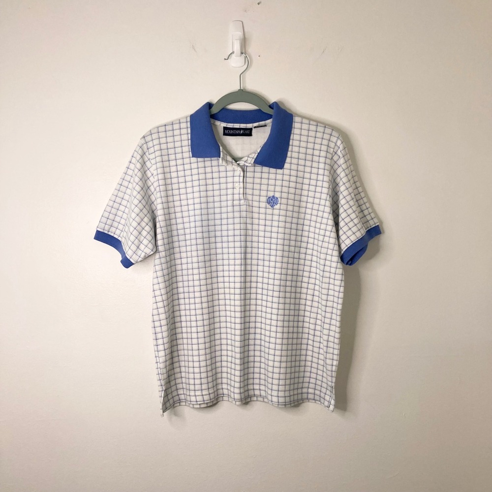 Vintage Preppy Mountain Lake Women's Blue Grid Polo Golf Shirt 90s Crest L